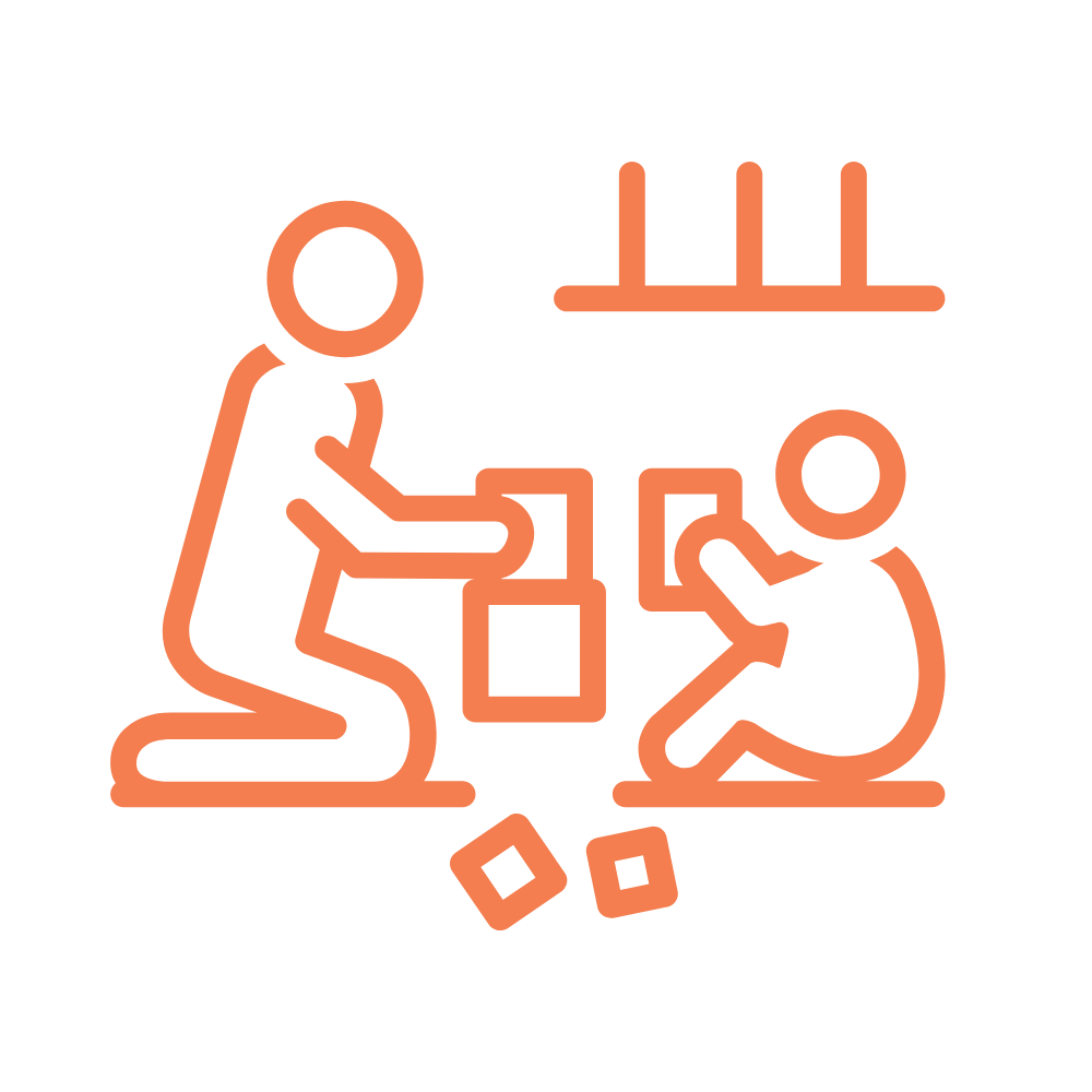 Line drawing of an adult playing blocks with a child