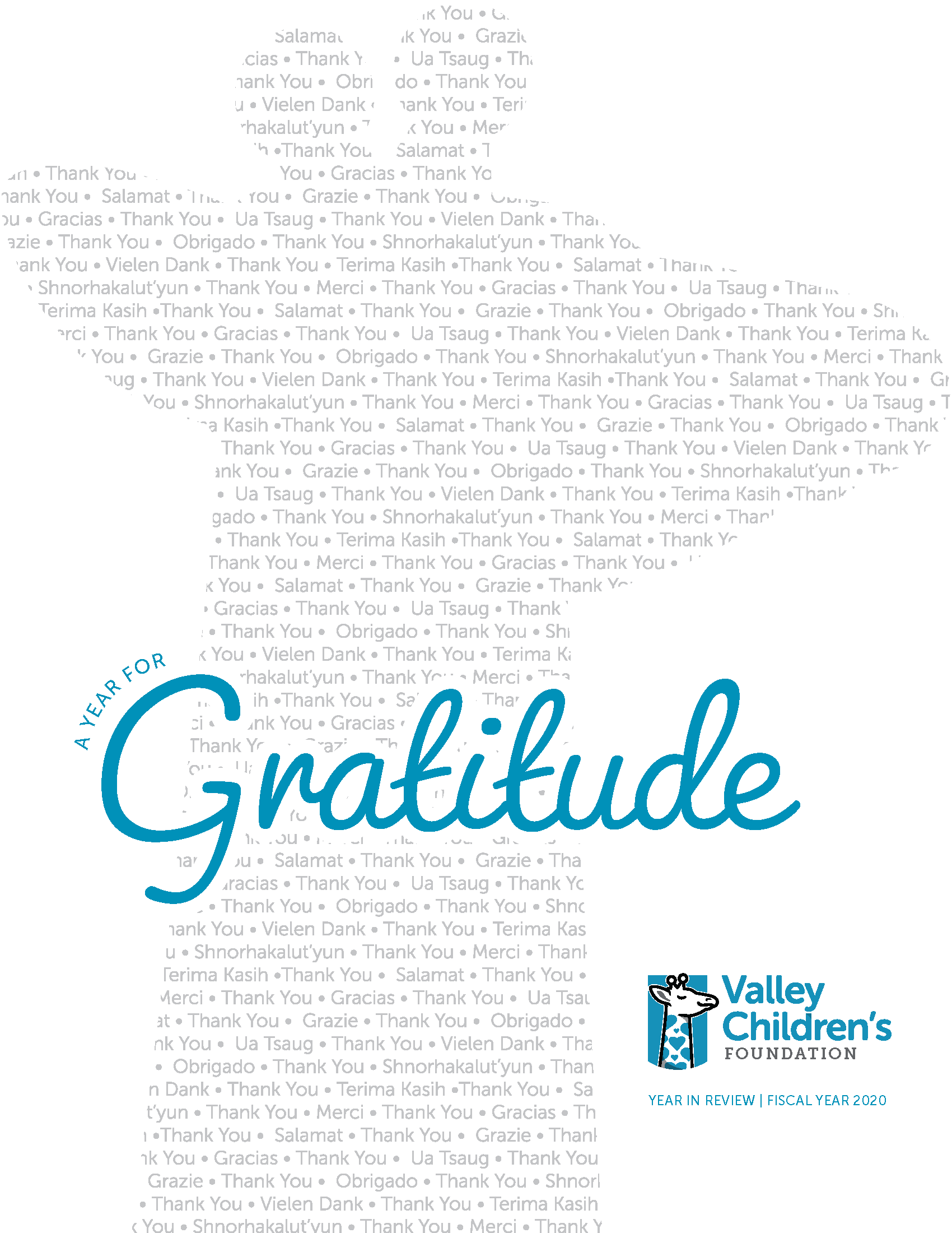 A silhouette of a giraffe made up of the phrase 'thank you' in different languages