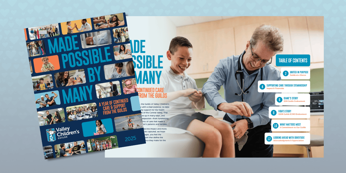 A spread showing the cover and first two pages of the 2025 Guilds Impact Report