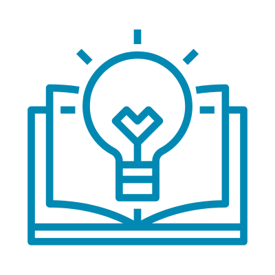 Line drawing of an open book and a lightbulb