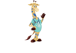 George the Giraffe in doctor's scrubs