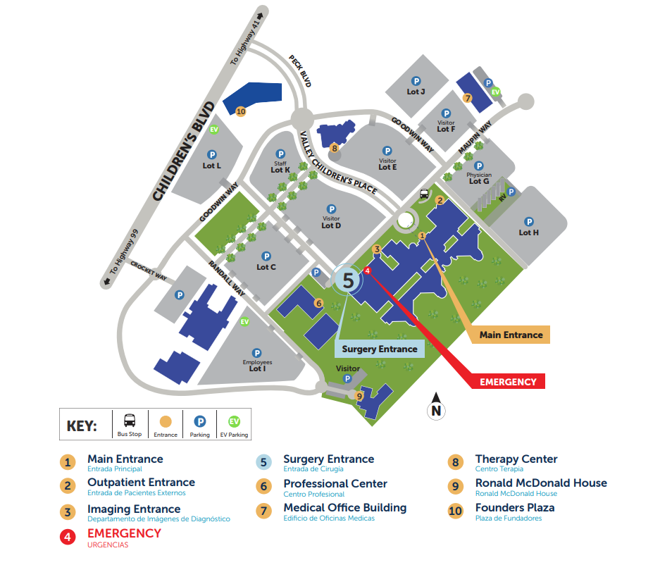 A map of Valley Children's Hospital campus highlighting the surgery entrance