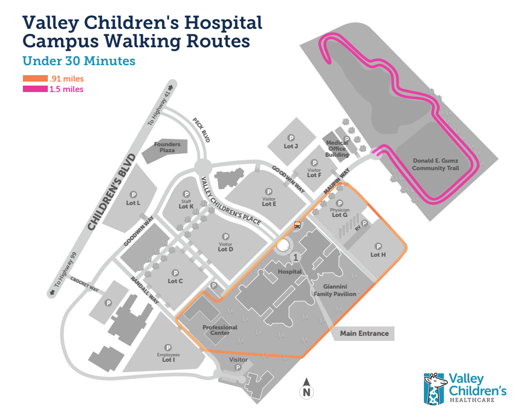 A map showing walking routes under 30 minutes on Valley Children's Hospital campus