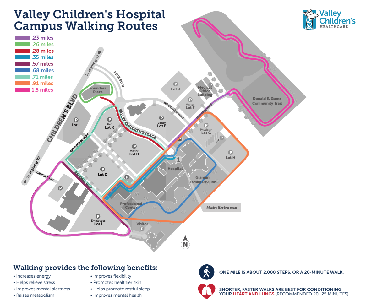A map showing all walking routes on Valley Children's Hospital campus